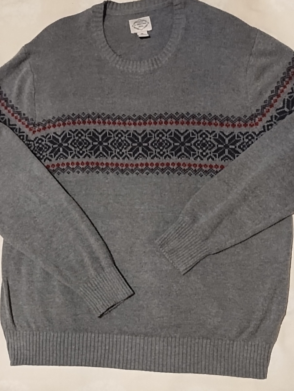 St. John's Bay Gray Fair Isle Crewneck Sweater with Navy and Burgundy XXL VGC.